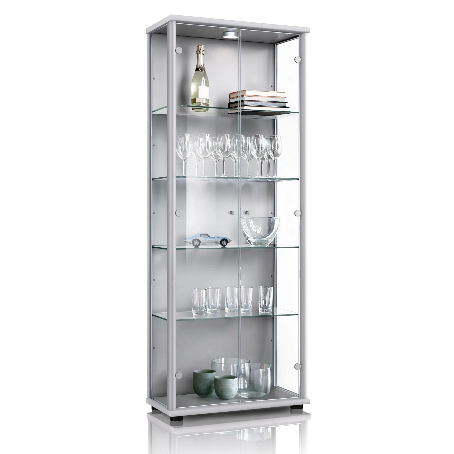 K-Möbel Vitrinenschrank 2 &Türig 176x67x33 cm Made in Germany Standvitrine mit LED & 4 Höhenverstellbaren Glasböden Silber