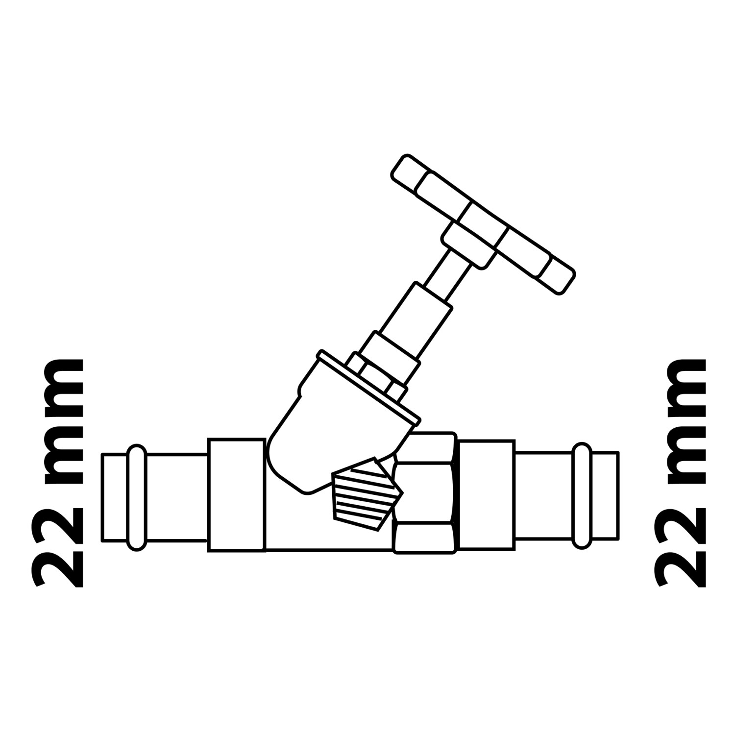 Schrägsitzventil mit Entleerung, 22 mm, für Pressfittings. Schemazeichnung.