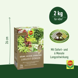 Compo Langzeit-Dünger 2 kg für Bäume, Hecken, Sträucher. Braune Packung mit Pflanzenmotiv, Sofort- & 6 Monate Wirkung.