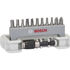 Bosch Schrauberbit-Set Pro Extra Hart, 11-teilig mit PH, PZ, T, S0, HEX und Schnellwechselhalter.