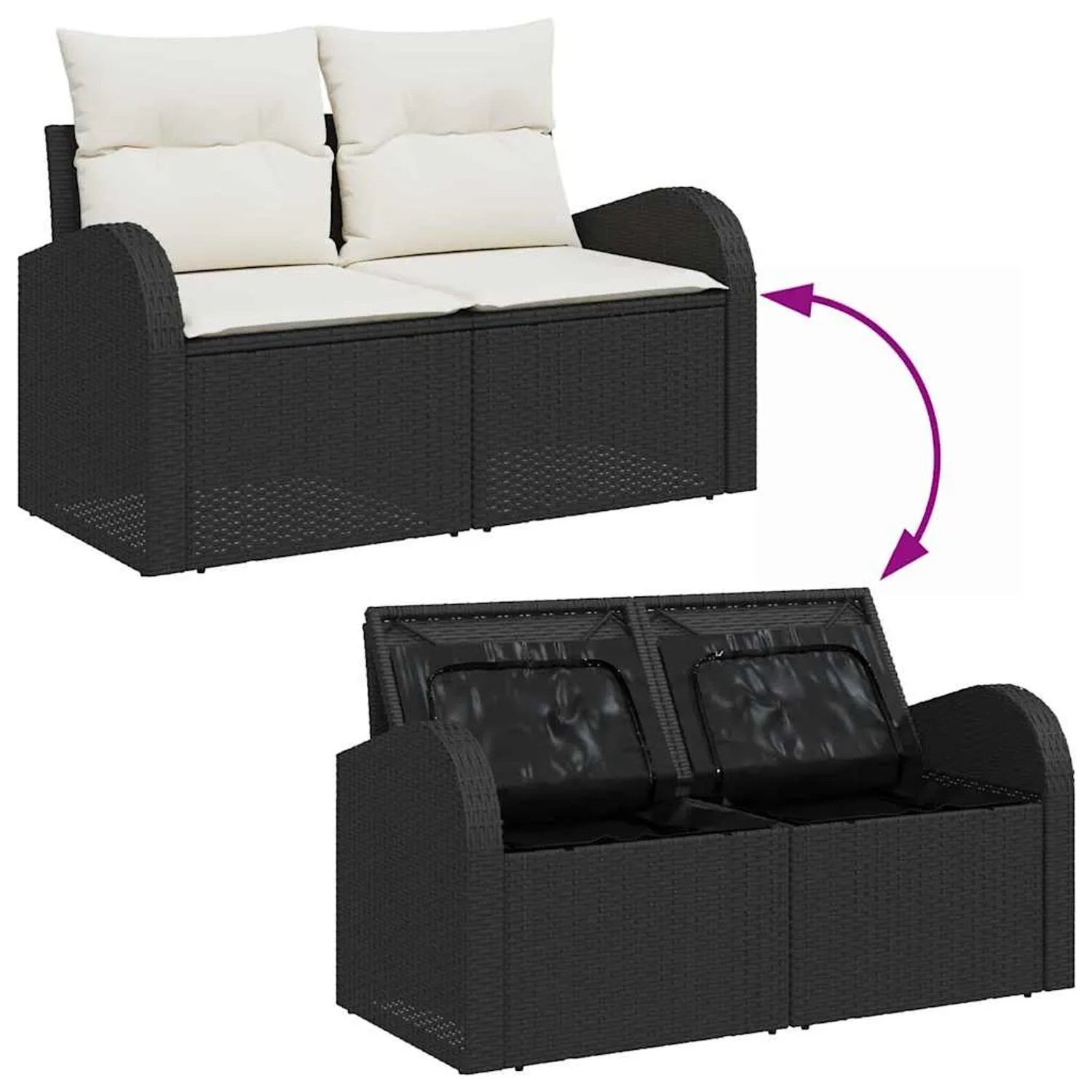 vidaXL Gartenmöbel Set, 6-teilig, schwarz, Poly Rattan, mit Stauraumfunktion. Sofa geschlossen und geöffnet dargestellt.