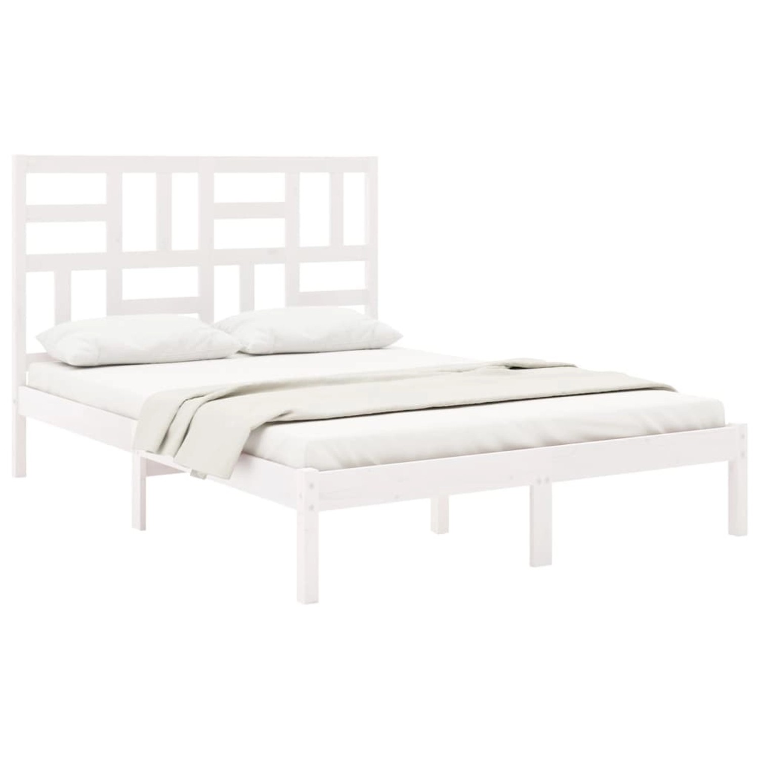 Weißes Massivholzbett (King Size) mit Lattenrost und Kopfteil im modernen Design.