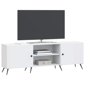 Weißer vidaXL TV-Schrank (150 cm) aus Holzwerkstoff mit Stauraum und schwarzen Füßen.