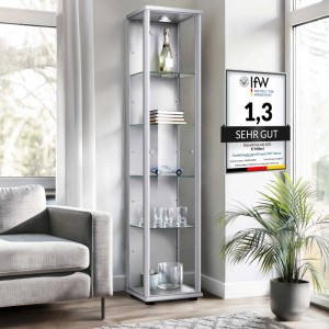 Silberne K-Möbel Glasvitrine mit LED-Beleuchtung und 4 Glasböden, Made in Germany.