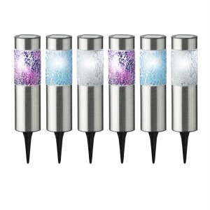 6er Set Marelida LED Solar Wegleuchten aus Edelstahl mit Mosaik in Lila, Hellblau, Transparent und Erdspieß.