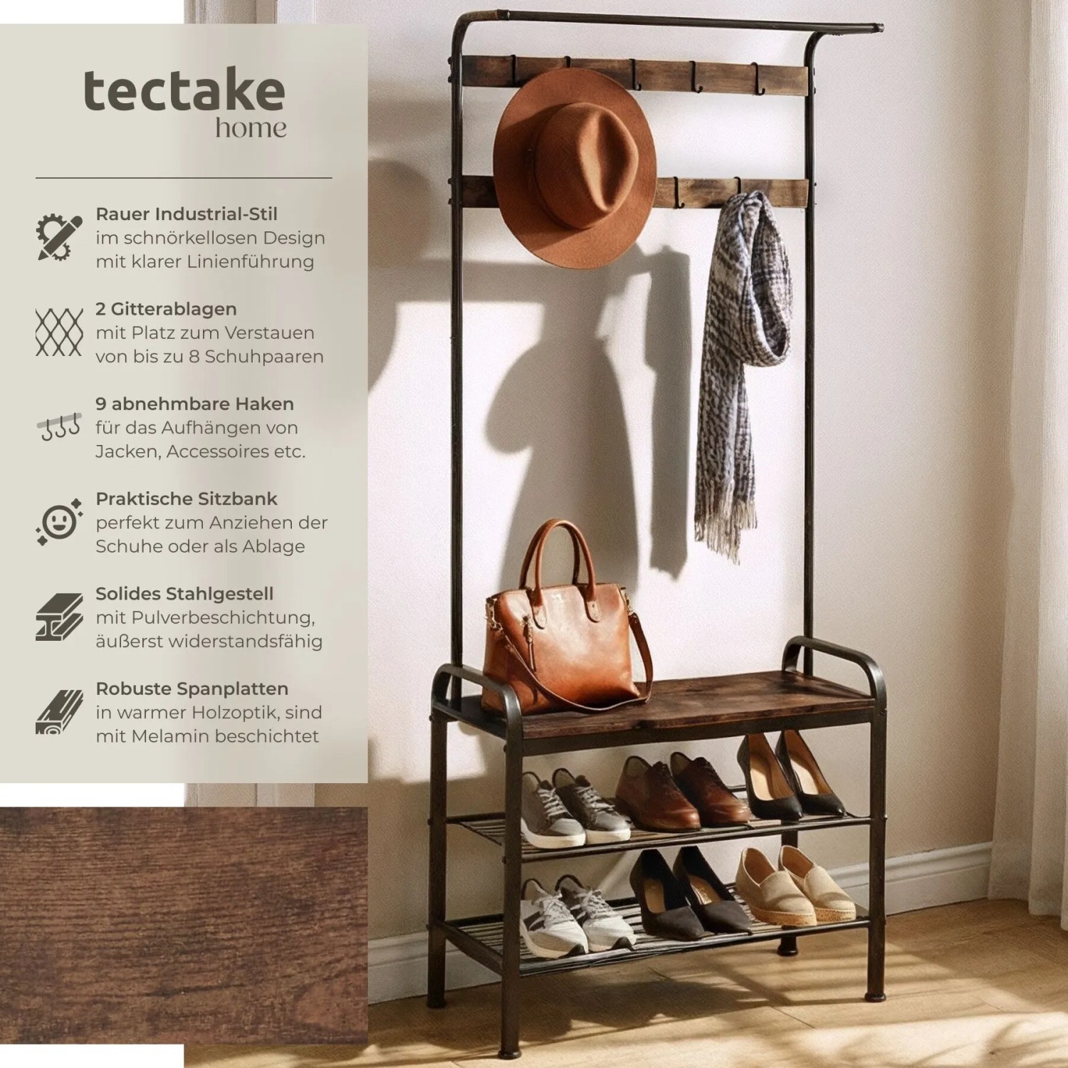 Tectake Garderobenständer im Industrial Style mit Holzbank und Schuhablagen.