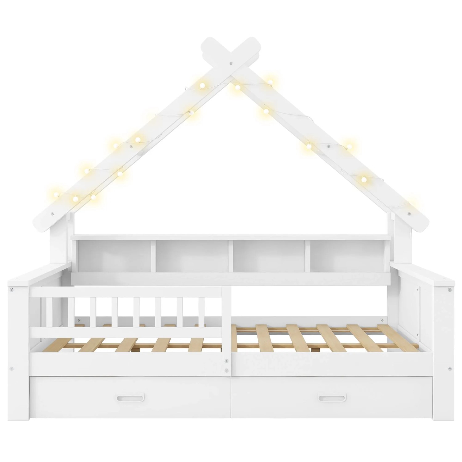 Merax Holz Hausbett 140x200 cm Mit LED Ablagefächern Schubladen Schutzgitter Weiß