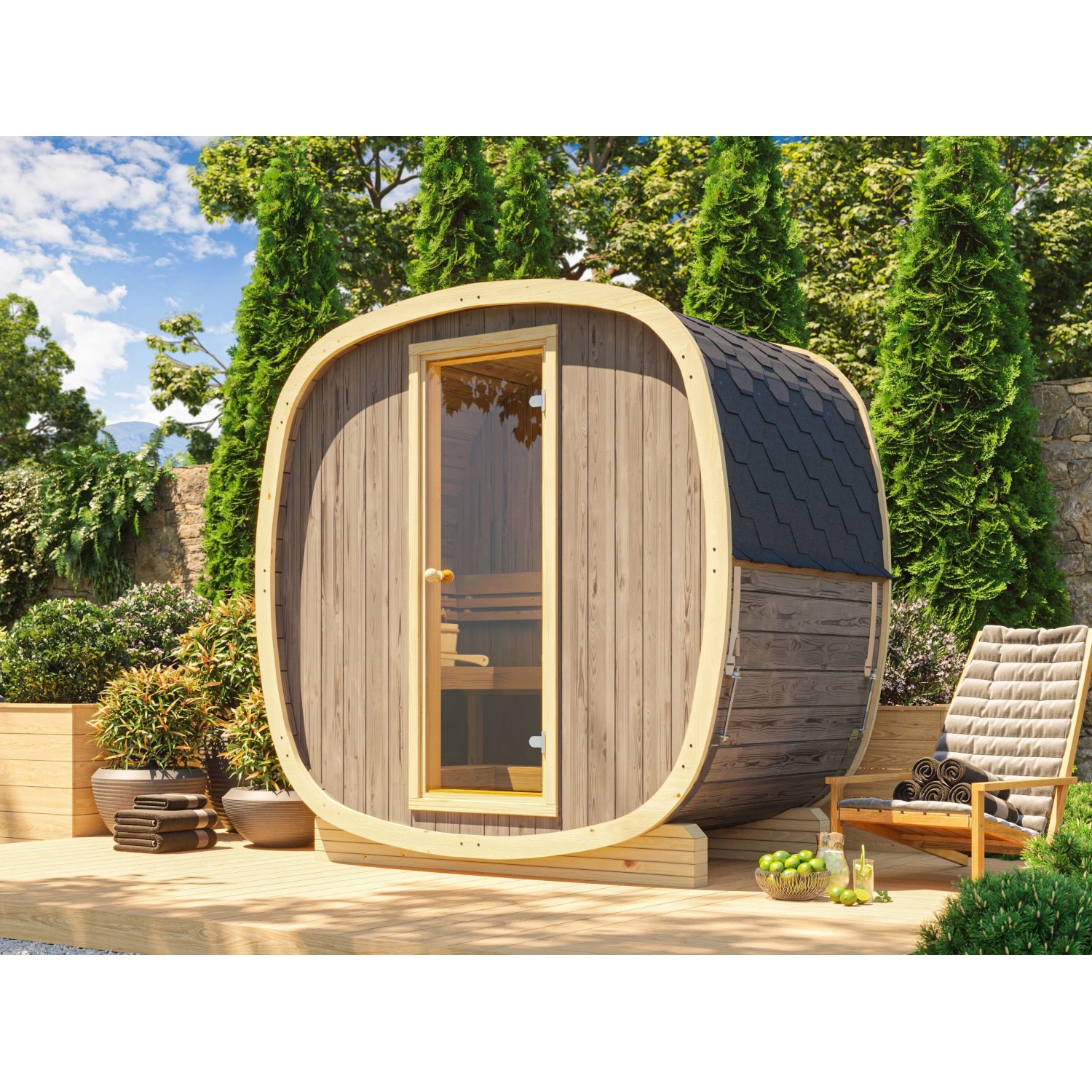 Fjordholz Fass-Sauna Modell Bus 130 Standard Thermoholz