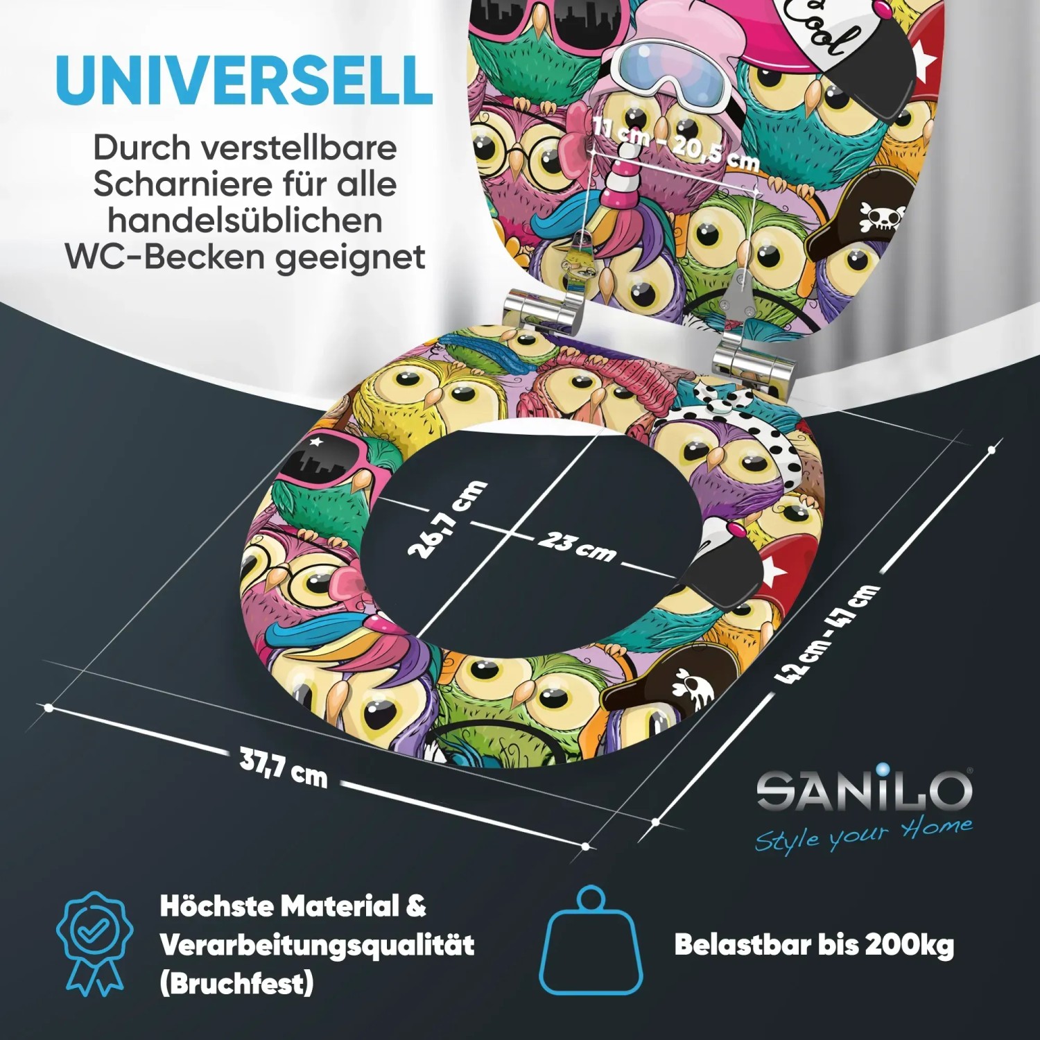 Sanilo WC-Sitz Owl mit Absenkautomatik, Toilettendeckel aus Holz mit Eulen-Motiv.