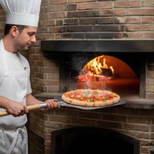 Koch nutzt perforierten Aluminium-Pizzaschieber mit Eichenholzgriff, um frische Pizza in den brennenden Holzofen zu schieben.