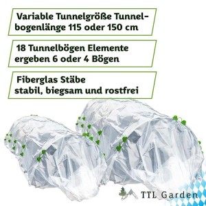 TTL GARDEN Folientunnel Set mit transparenter PE Folie und grünen Clips. Variabler Pflanztunnel mit stabilen Fiberglasstäben für den Garten.