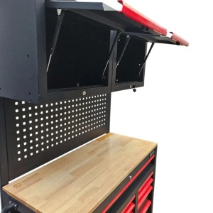 Detailansicht: DeTec. Werkstattwagen mit Werkzeug, 11 Schubladen, Holzplatte, Lochwand, Werkzeugschrank.