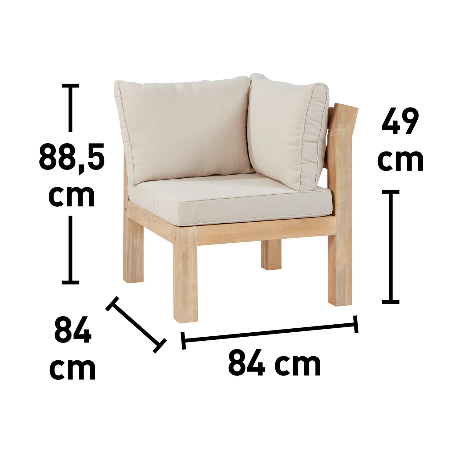 Detailaufnahme Lounge-Set Morenci Eckteil aus Akazienholz mit Maßen. Gartenmöbel mit Polster in Taupe.