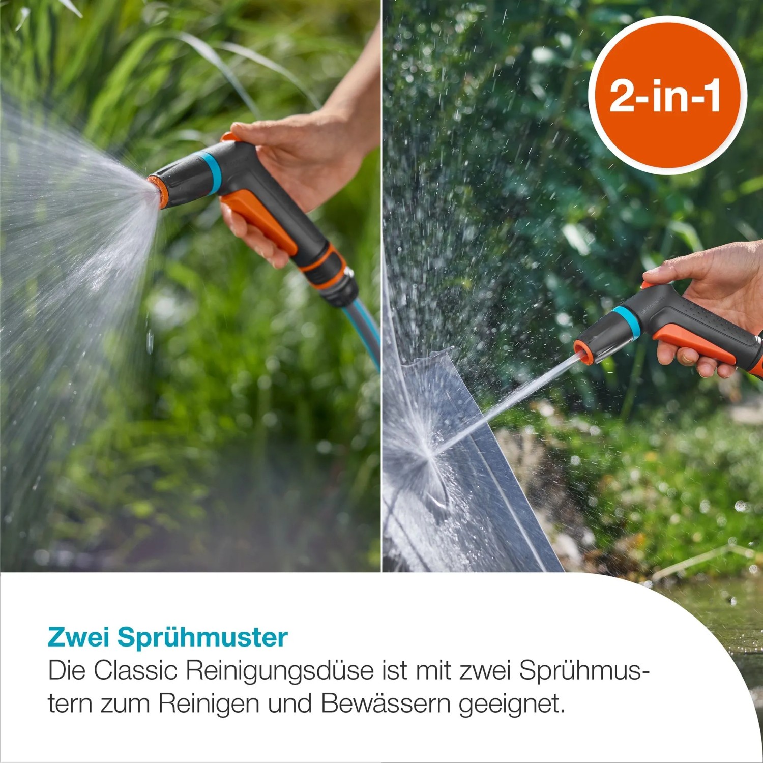 Gardena Reinigungsspritze Classic mit zwei Sprühbildern zum Reinigen und Bewässern.
