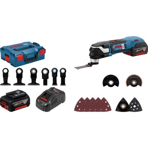 Bosch Professional Akku-Multicutter GOP 18V-28 im Set mit Akkus, Zubehör und L-Boxx.