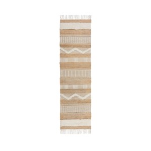 Hochflorteppich Medina Jute Elfenbein, 60x230 cm. Strukturierter Läufer mit Boho-Muster aus Jute, Wolle und Baumwolle.