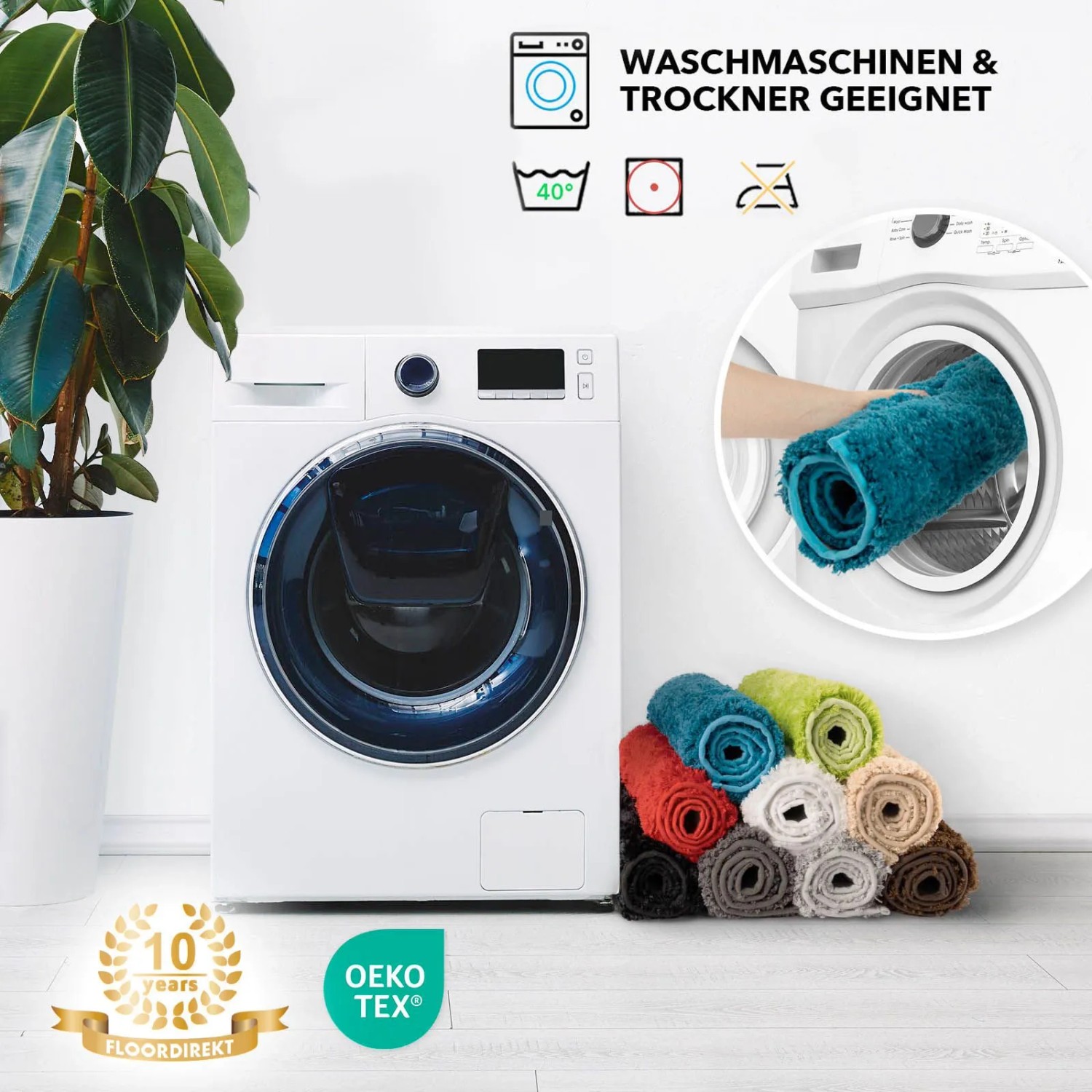 Waschbare, runde KARAT Badematten in verschiedenen Farben vor Waschmaschine.