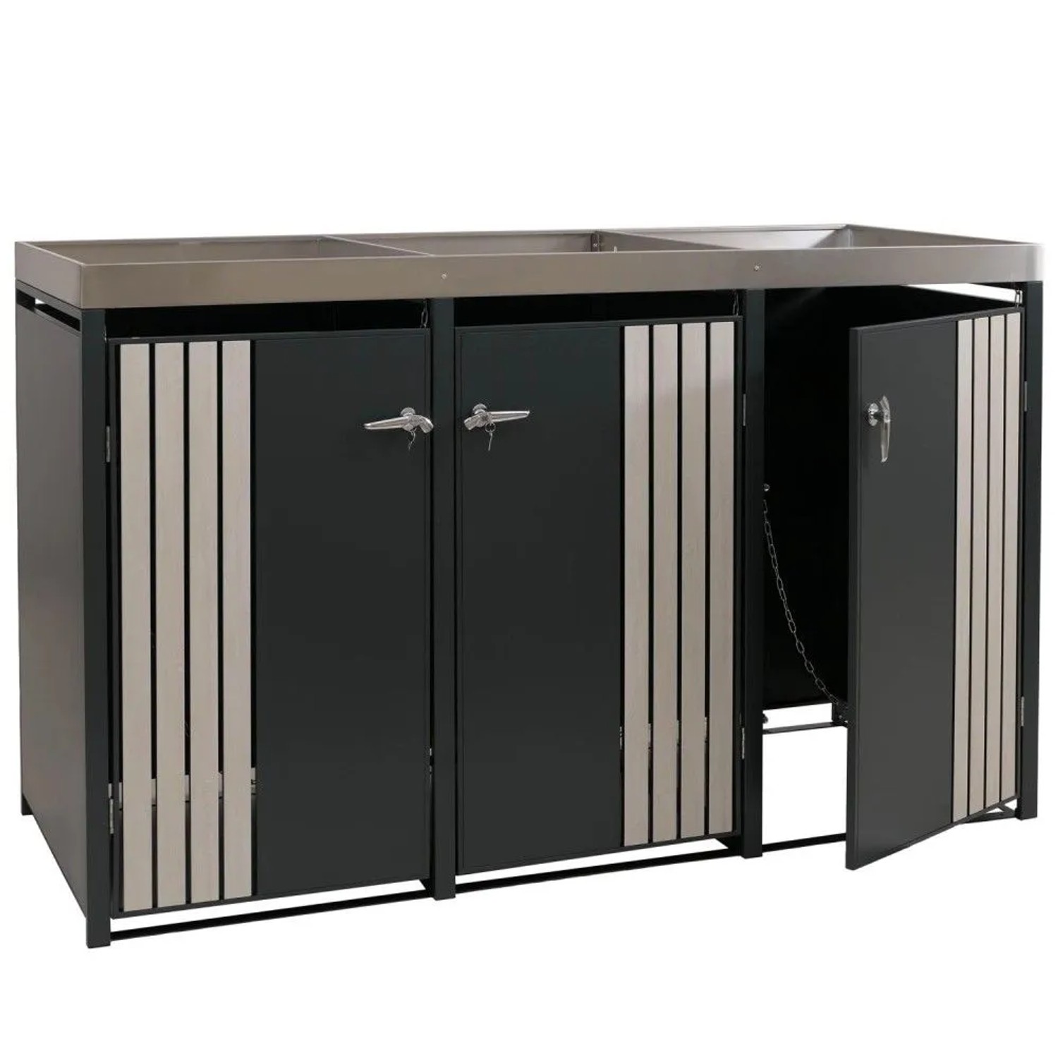 MCW 3er-Mülltonnenverkleidung O67 Anthrazit Holzoptik Hell 125x196x84cm