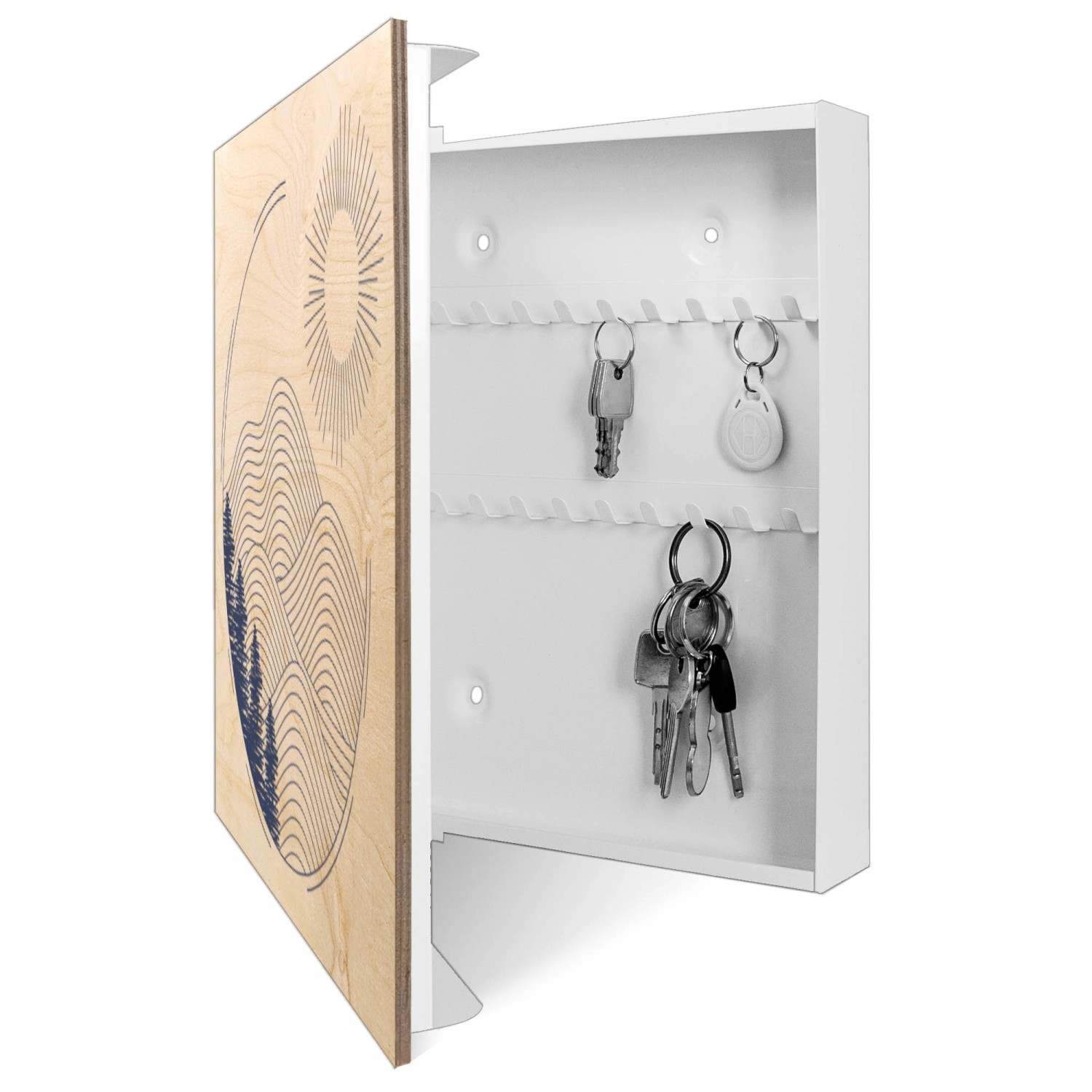 Offener, weißer Banjado Schlüsselkasten mit Holzfront (Motiv abstrakte Landschaft) und Schlüsseln an Haken.