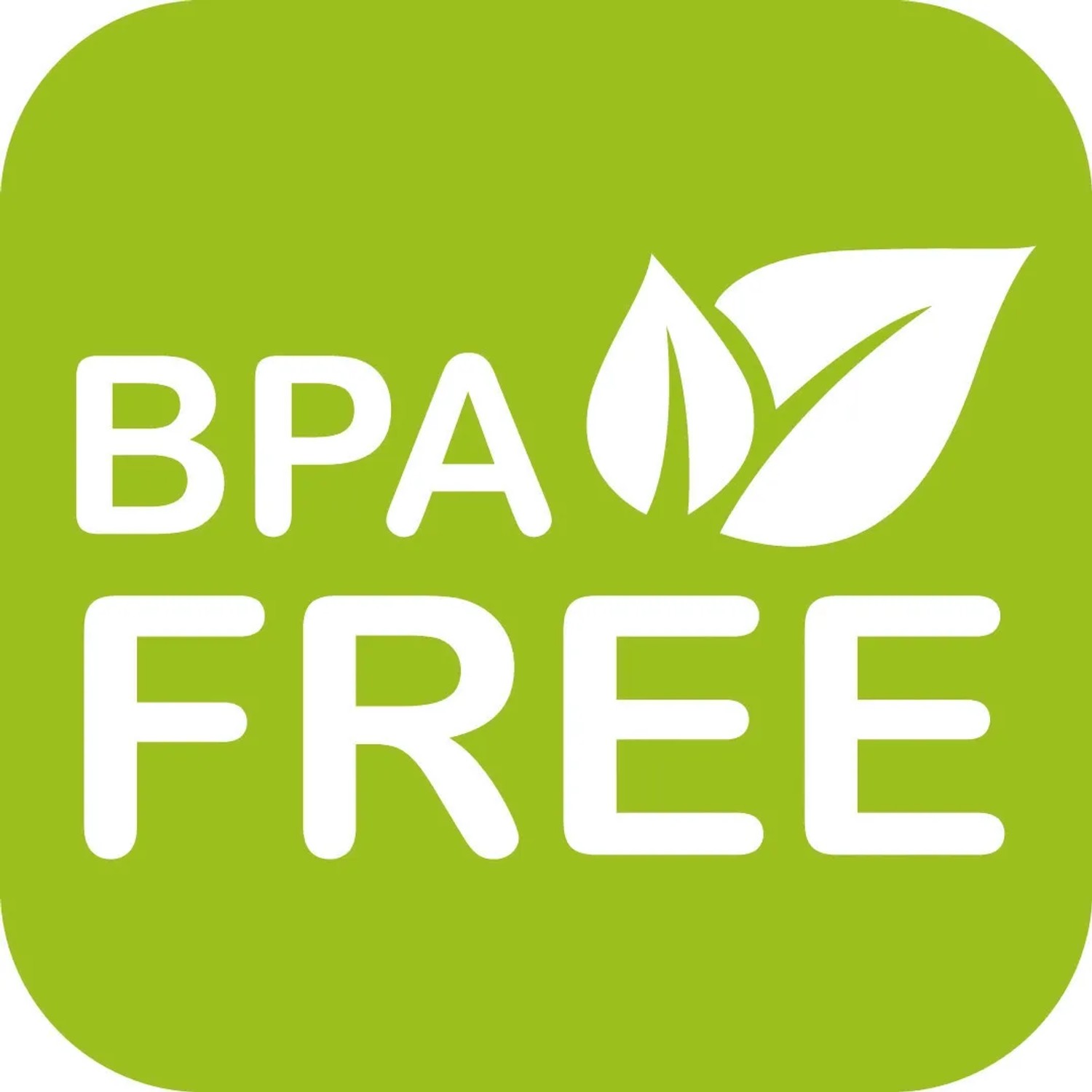 Symbol: BPA-frei. Grünes Quadrat mit weißem Schriftzug und Blättern.