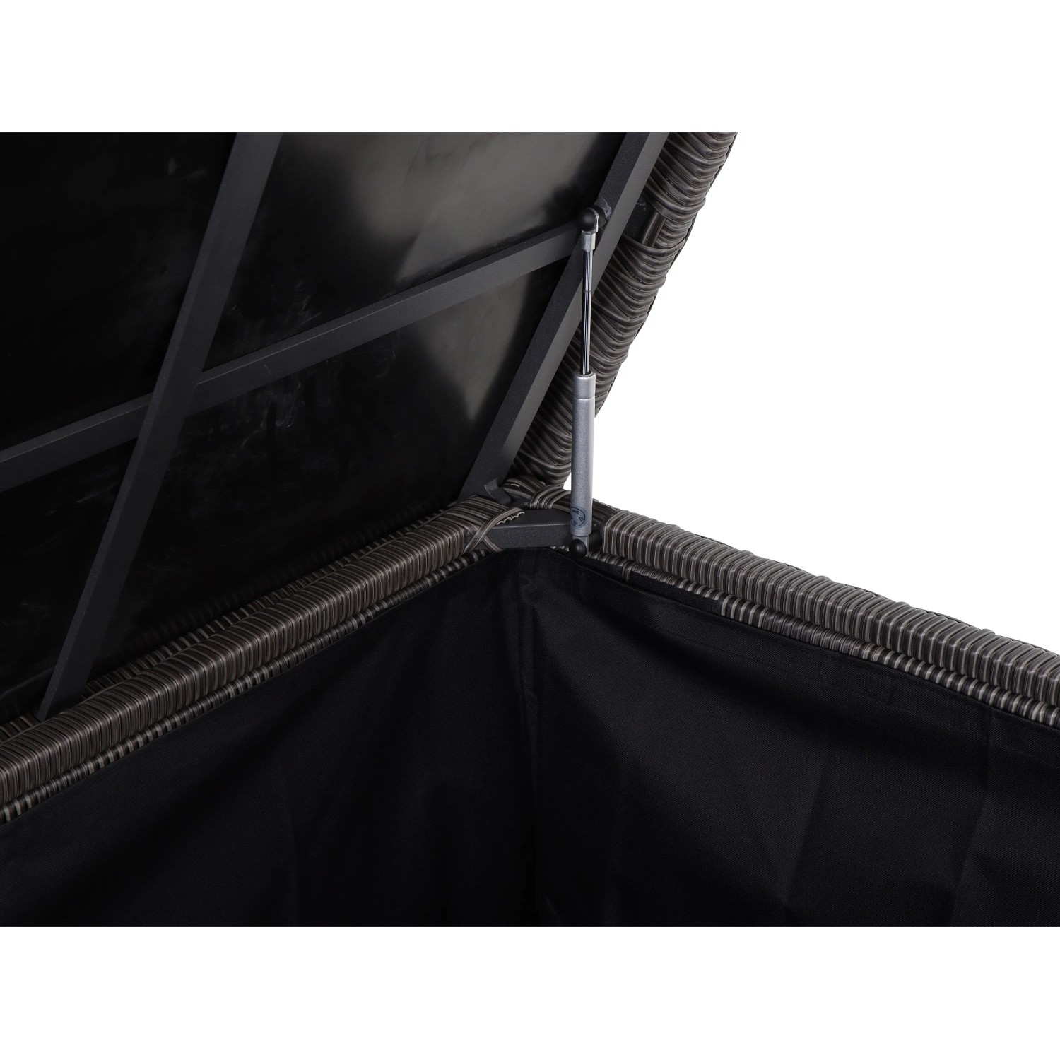 Geöffnete Siena Garden Kissenbox Corido in Anthrazit mit Innentasche und Dämpfern.