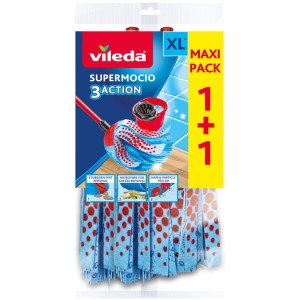 Vileda SuperMocio 3xAction Velour Ersatzmopp 2er-Pack: Wischmopp-Aufsätze mit Velourstruktur und roten Punkten.