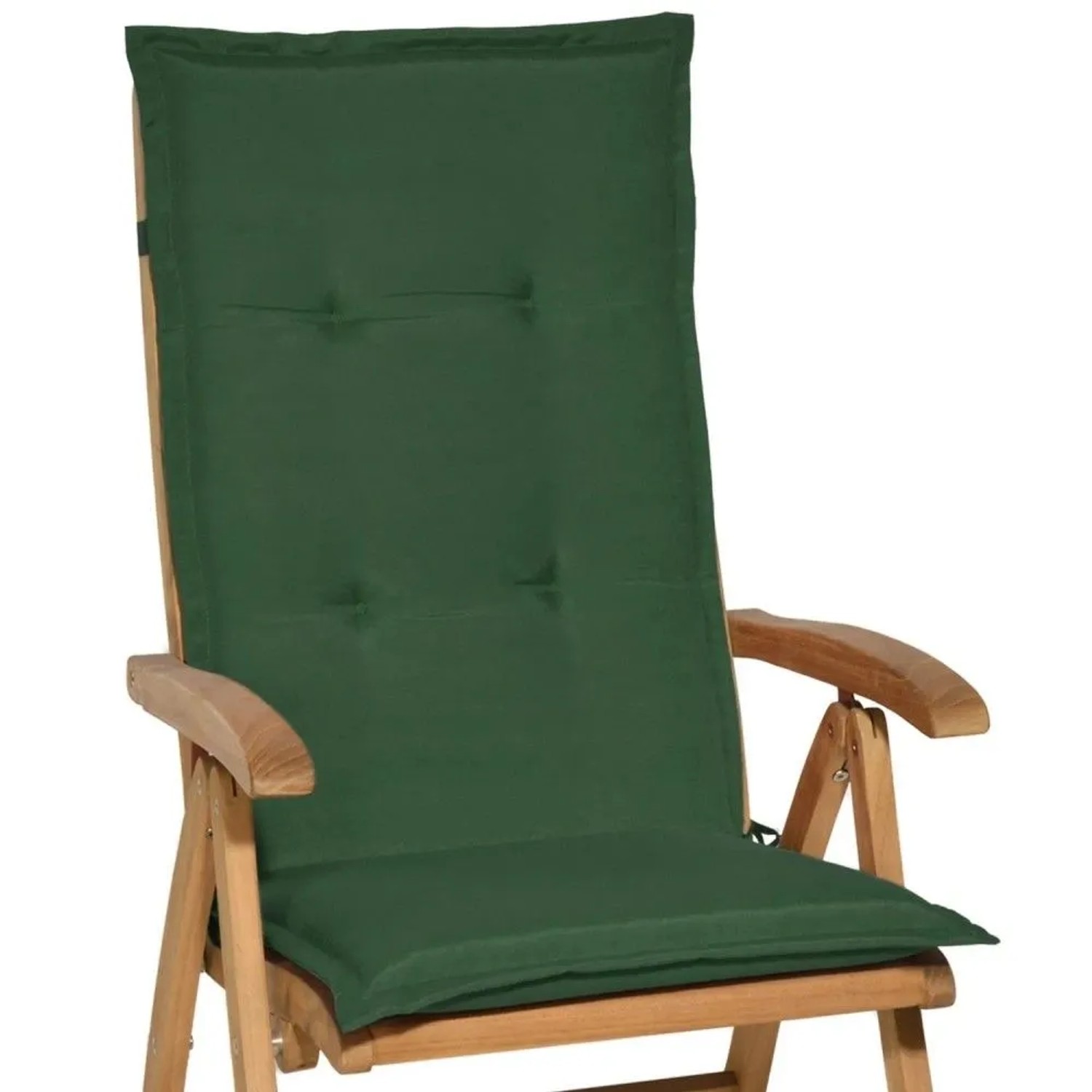 Dunkelgrüne Beautissu Loft HL Hochlehner Auflage 120x50x6cm auf Holz-Gartenstuhl. Gepolstertes Sitzkissen mit stilvollen Heftungen.