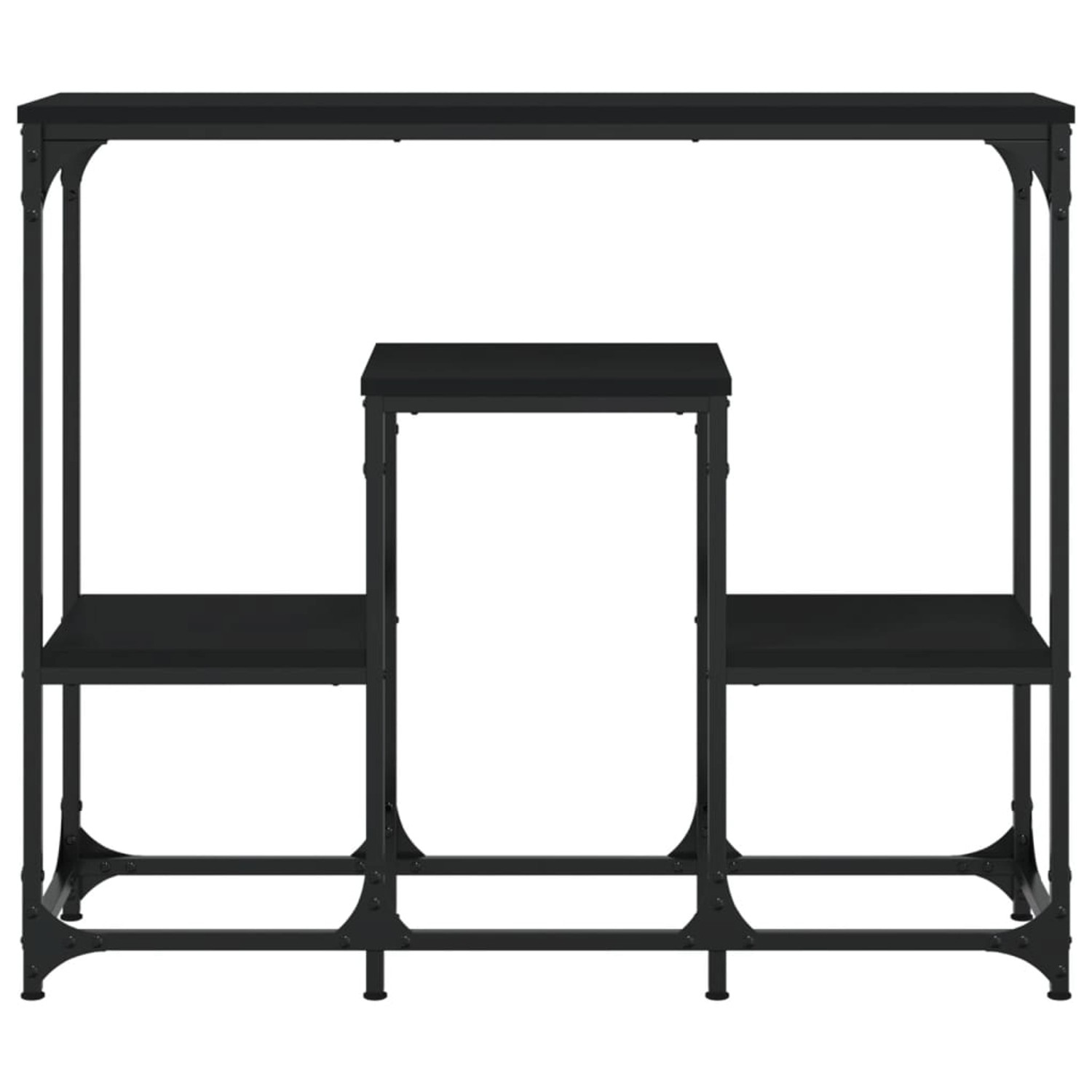 Schwarzer vidaXL Konsolentisch (89,5x28x76 cm) aus Holzwerkstoff und Stahl.
