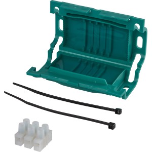 Gel-Kabelgarnitur mit Verbindungsblock, grüne Kabelbox mit Verbinder und Kabelbinder für Gummischlauchleitungen.