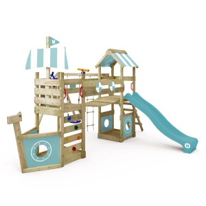 Wickey Spielturm StormFlyer mit Rutsche, pastellblau, aus Holz mit Schaukel, Kletterwand und Sandkasten.