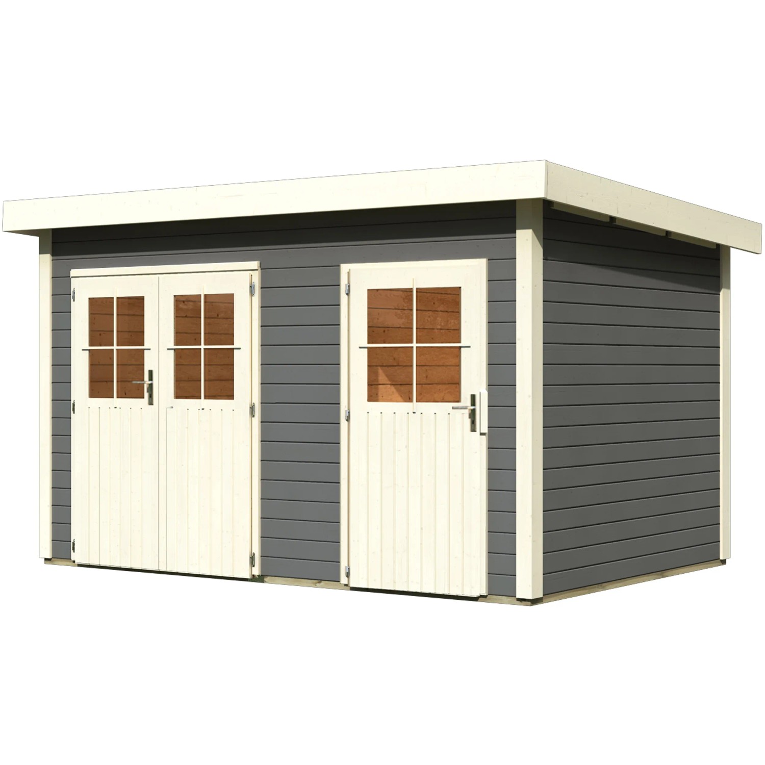 Modernes Karibu Holz-Gartenhaus Skanderborg mit zwei Räumen, grau lackiert und Flachdach.