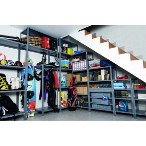 Graues Metall-Boden Baukastensystem (60x50cm) als Regal mit diversen Gegenständen.