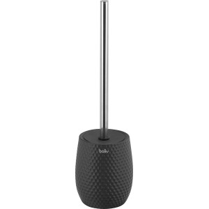 Schwarzer baliv WC-Bürstenhalter aus Keramik mit silbernem Griff und haptischer Oberfläche.