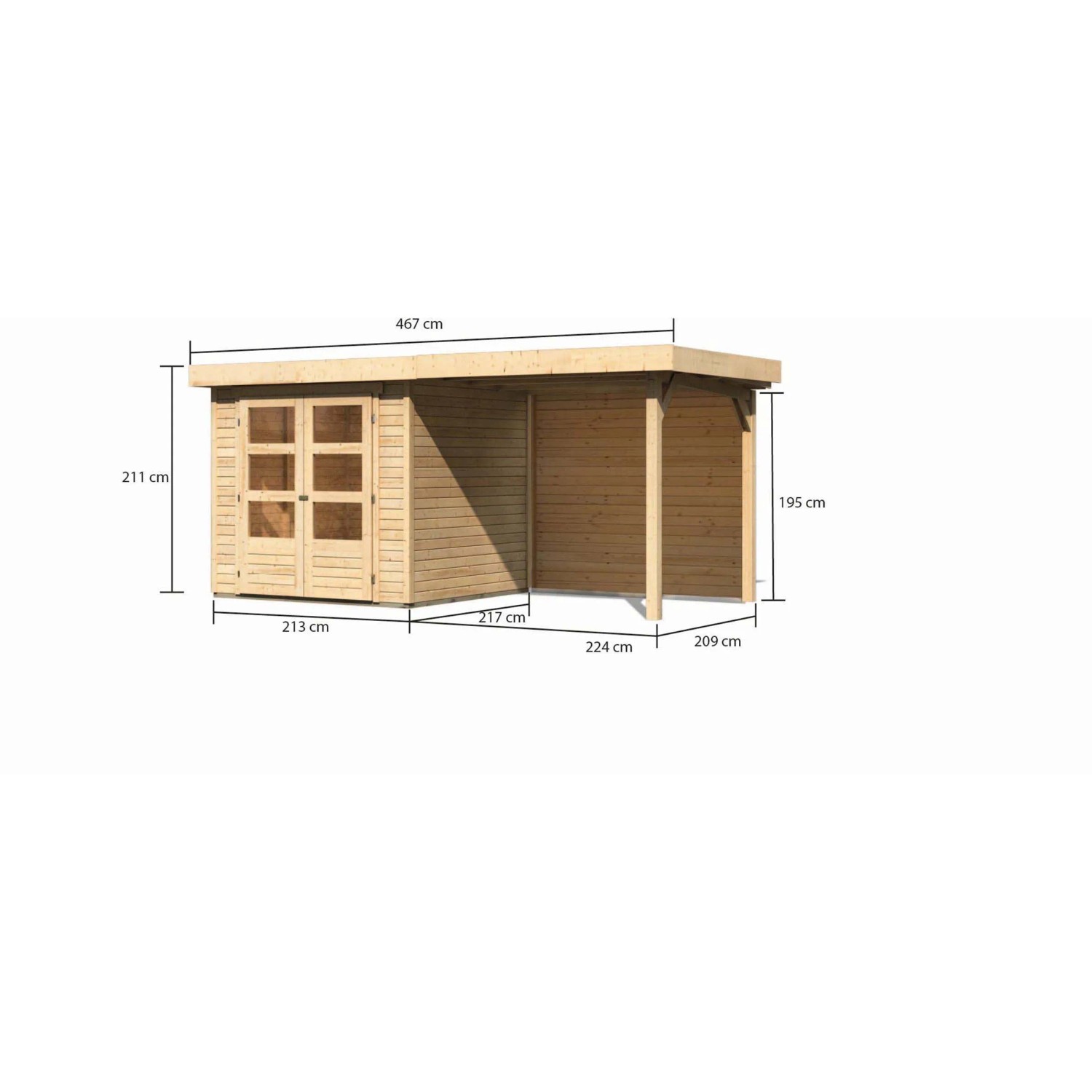 Karibu Holz-Gartenhaus Boras Natur, unbehandelt, mit Flachdach und Anbau, Maße: 209x213 cm.