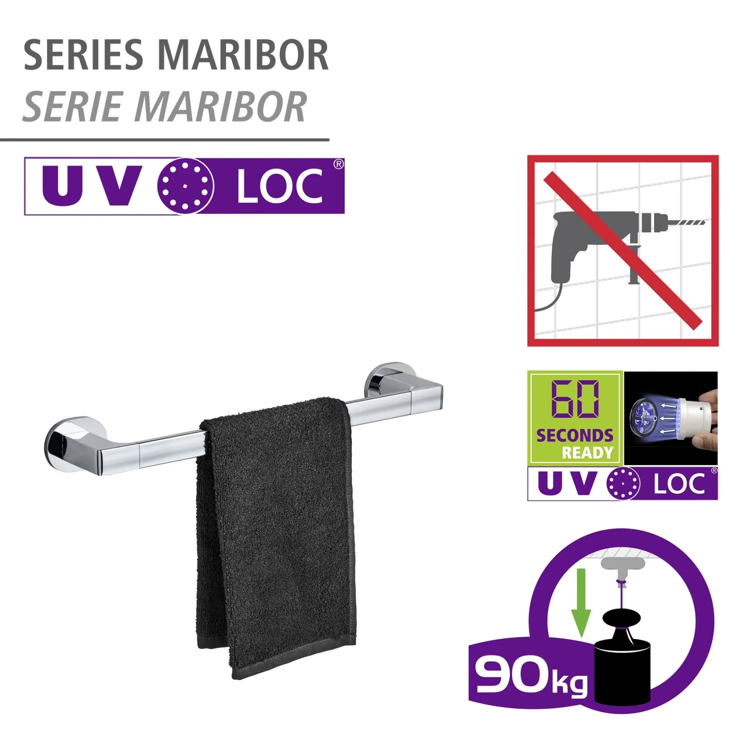 Wenko Badetuchstange Uno Maribor, silber glänzend, mit UV-Loc Befestigungssystem und Handtuch.