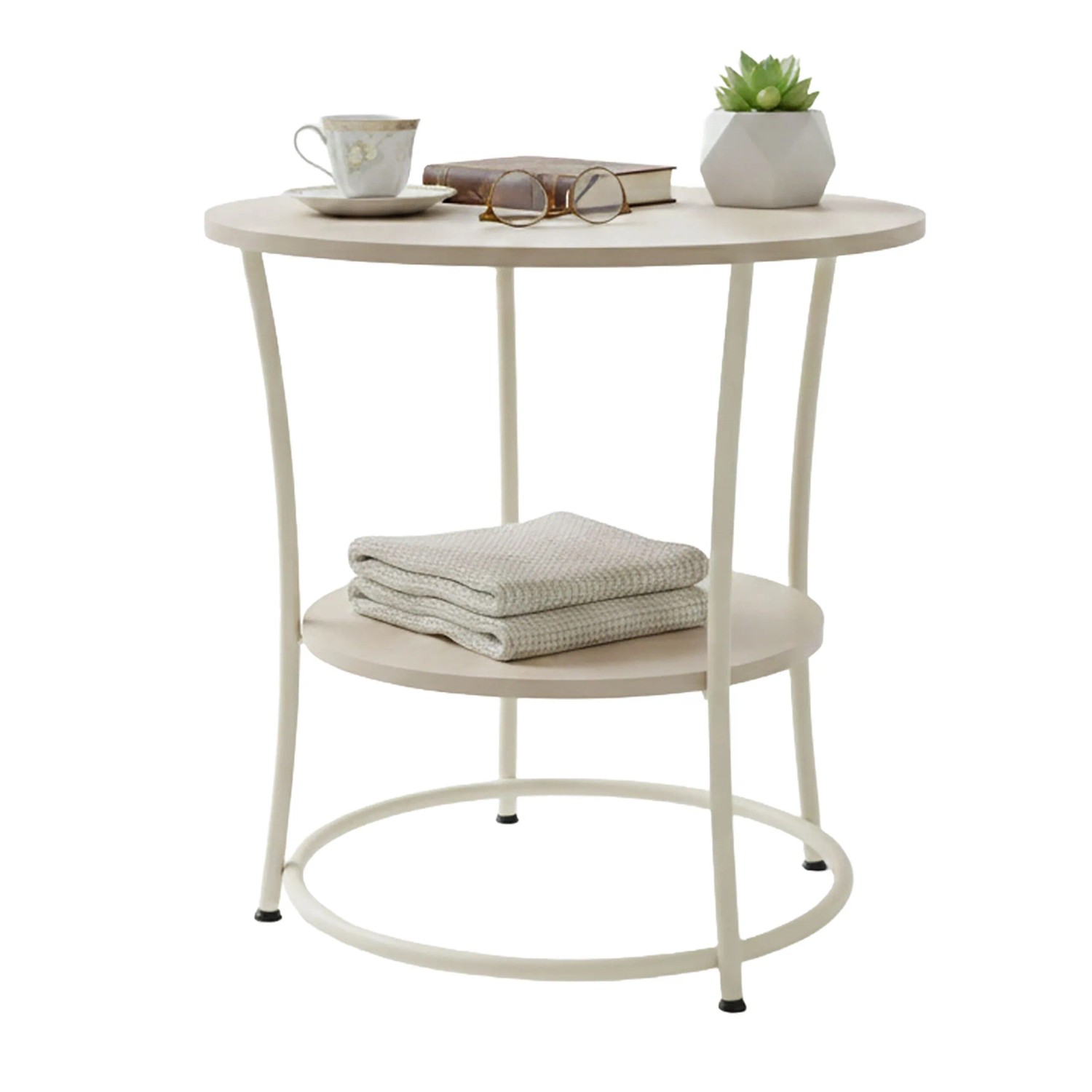 Relaxdays Beistelltisch MDF Stahl Creme mit 2 Ablagen Verstellbar 55 cm x ø 55 cm 6,5 kg