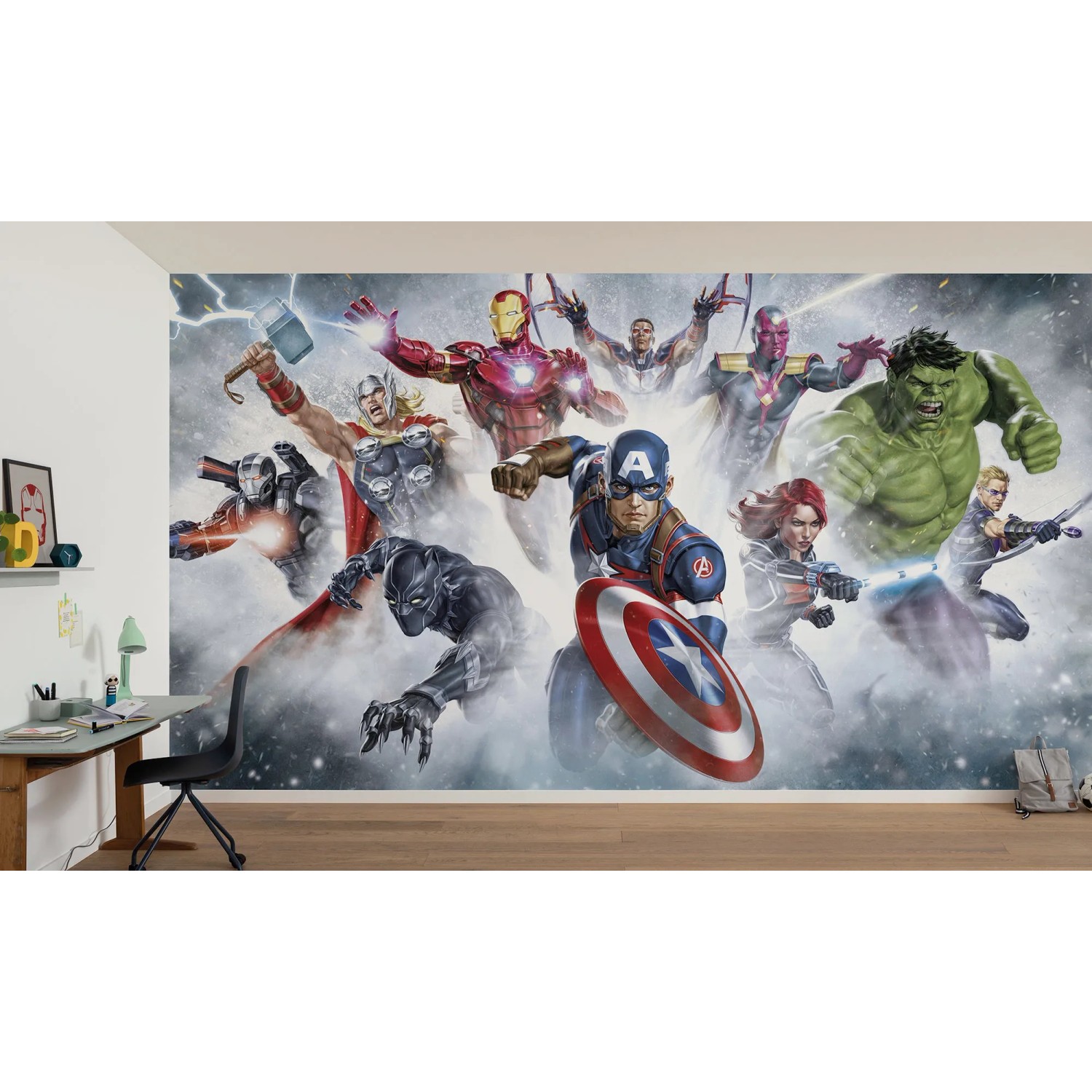 Komar Vlies Fototapete Marvel Avengers Strike mit Captain America, Hulk, Thor und Iron Man.