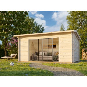 Palmako Gartenhaus Ines Slide Plus, braun tauchgrundiert, mit Glasschiebetür und Fußboden. Holz-Gartenhaus.