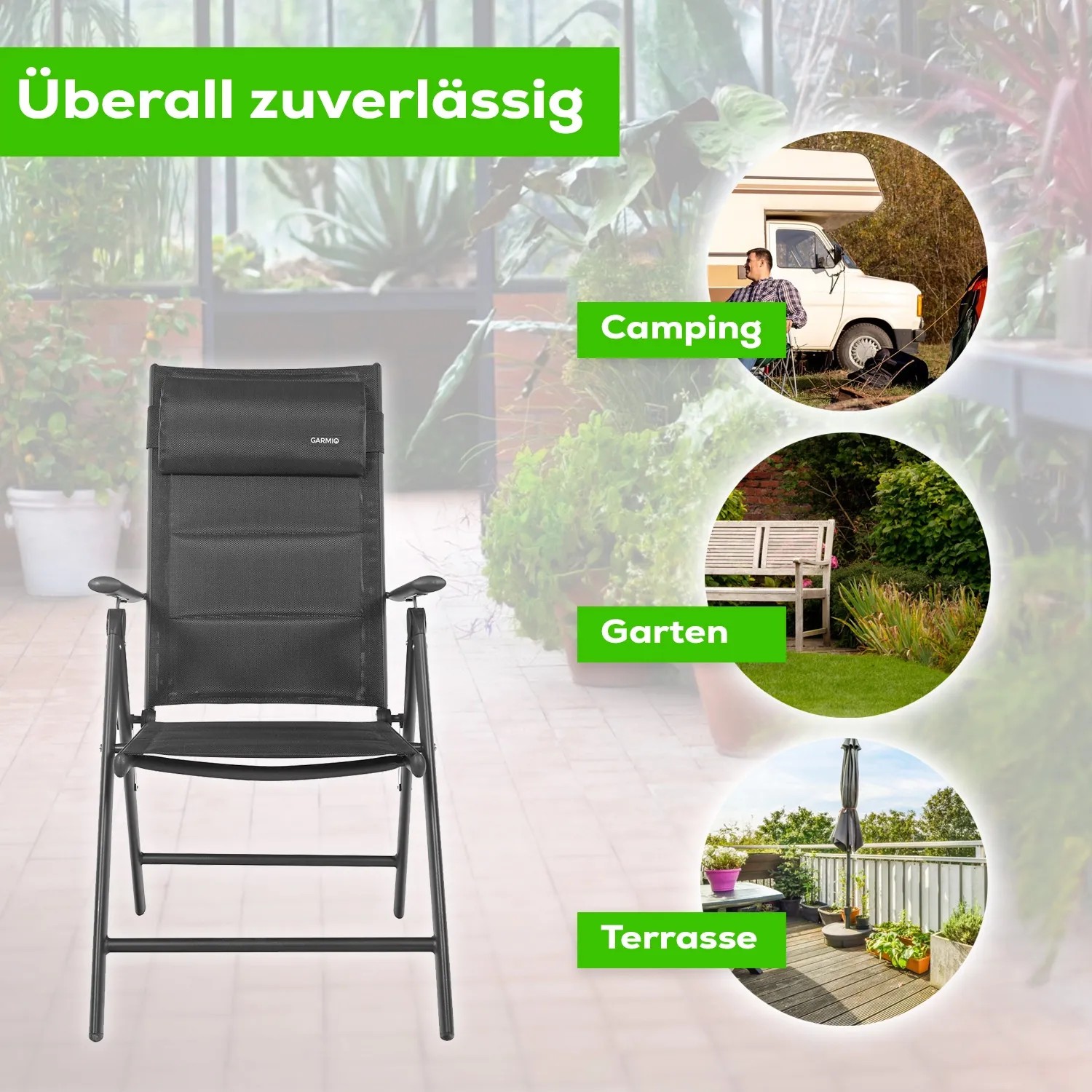 Schwarzer GARMIO Gartenstuhl FLORENZ mit Nackenkissen, ideal für Balkon, Garten, Terrasse und Camping.