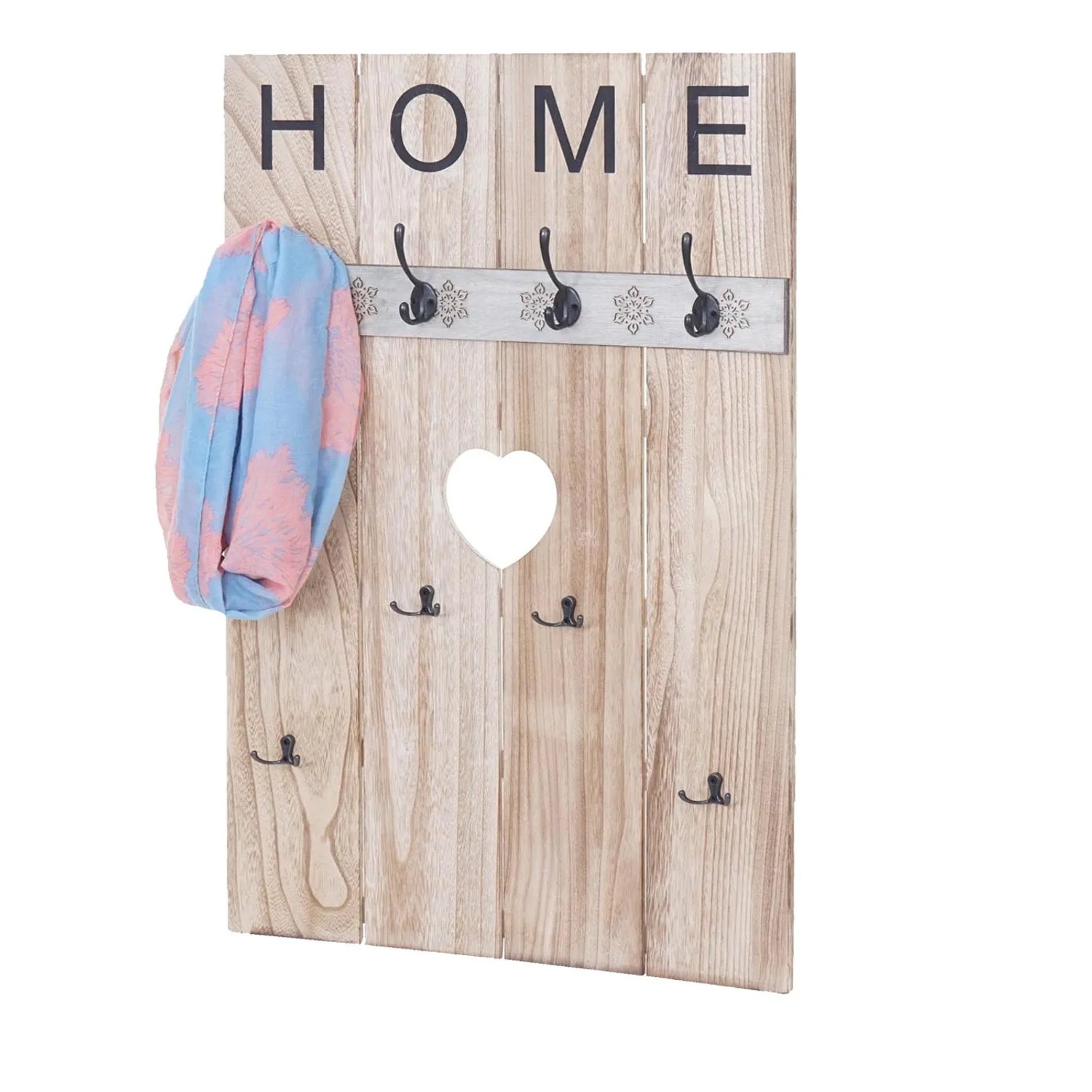 Wandgarderobe C89 im Shabby-Look mit 8 Haken und Herz-Ausschnitt, Farbe Naturbraun.