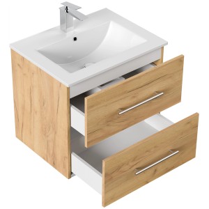Posseik Badmöbel Homeline 60 in Eiche Gold mit Waschbecken und zwei offenen Schubladen.
