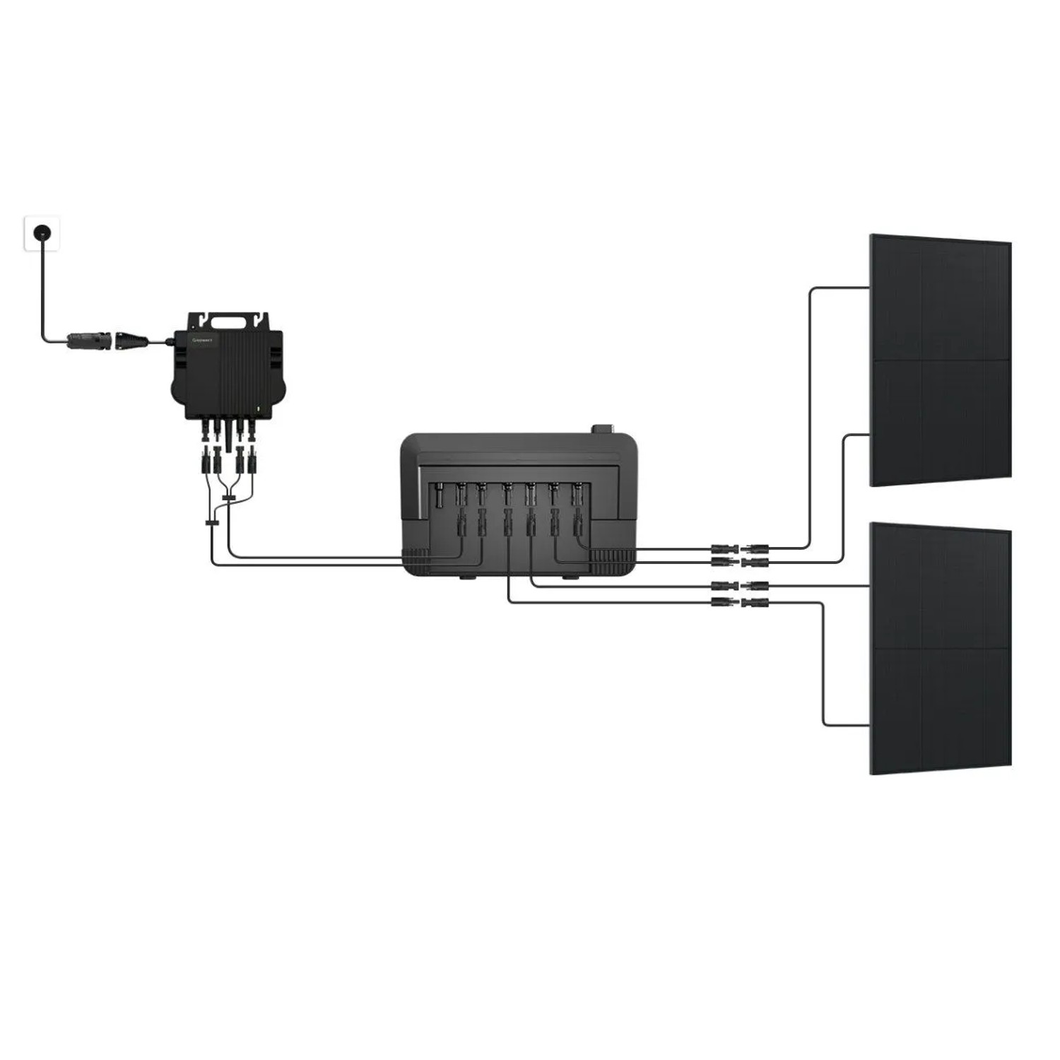 Growatt NOAH 2000 Solarspeicher-System mit zwei Speichern und Verbindung zu Solarmodulen und Steckdose.