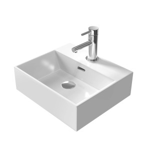 Weißes Emke Handwaschbecken aus Keramik mit Armatur, Aufsatz- oder Wandmontage.