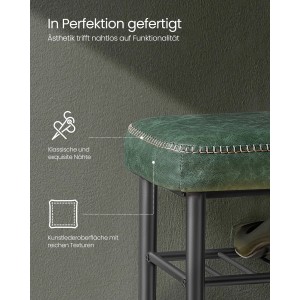 Grüne Vasagle Schuhbank mit Stahlgestell und Ablage für Schuhe.