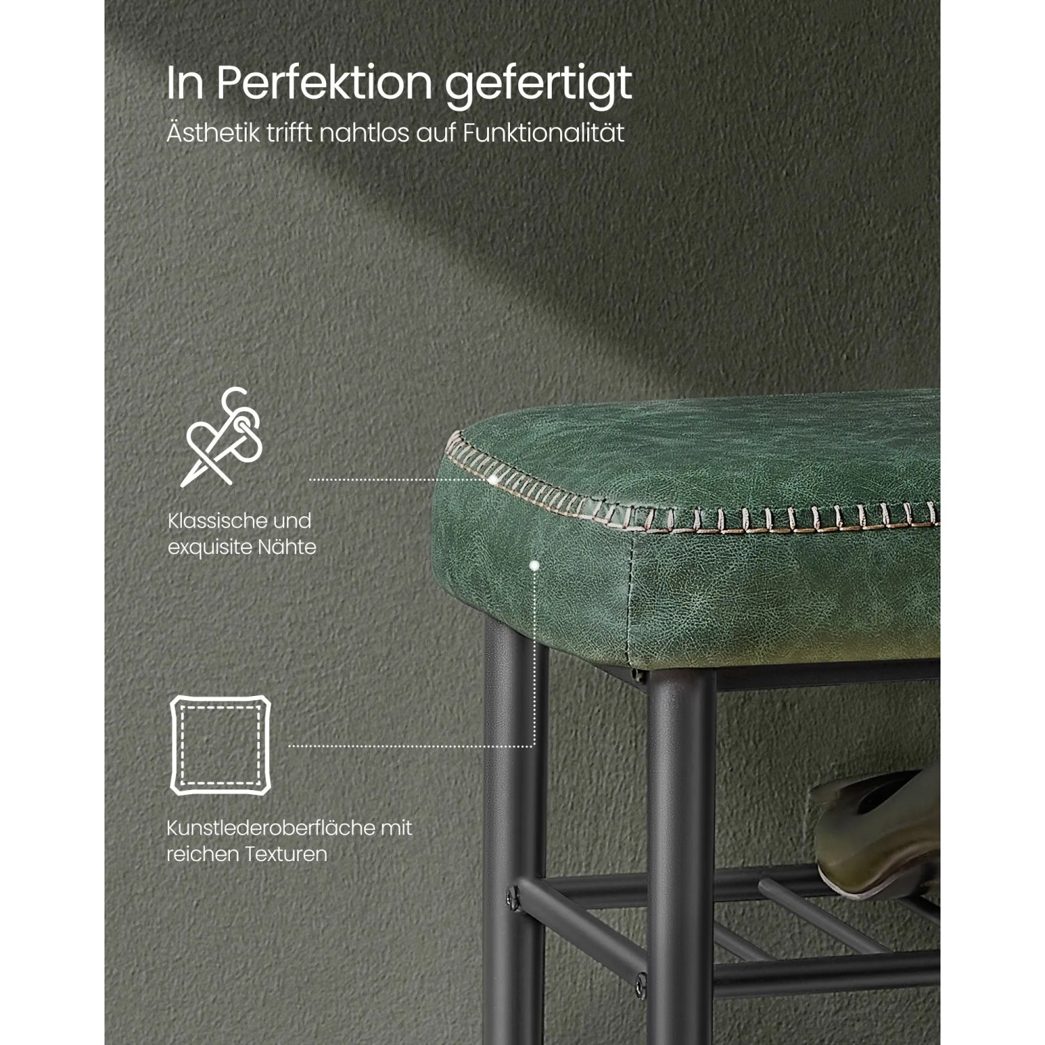 Grüne Vasagle Schuhbank mit Stahlgestell und Ablage für Schuhe.