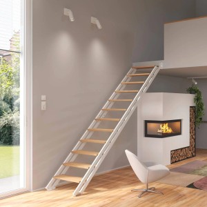 Treppen Intercon Raumspartreppe London Stahlwangentreppe Polar-Weiß mit Stufenbreite 50 cm Buche Hell Ohne Geländer 12 Stufen