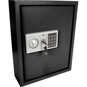 Schwarzer Perel Schlüsseltresor mit elektronischem Zahlenschloss und Schlüssel für 71 Schlüssel.