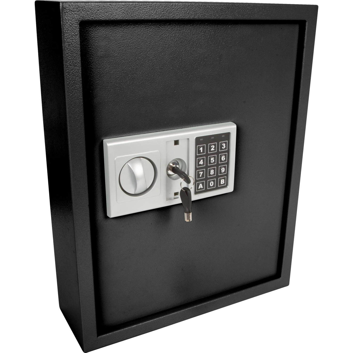 Schwarzer Perel Schlüsseltresor mit elektronischem Zahlenschloss und Schlüssel für 71 Schlüssel.