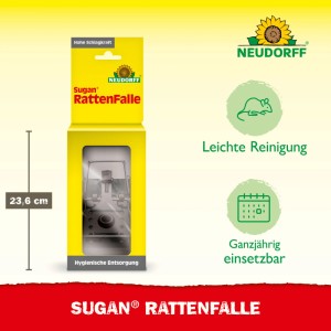 Neudorff Sugan Rattenfalle aus Kunststoff und Stahl in gelber Verpackung, 23,6 cm hoch. Fangsicher, hygienisch, wiederverwendbar.