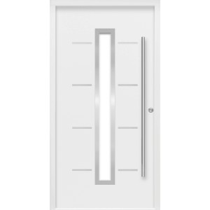 Weiße Haustür Thermospace Milano Prime mit Edelstahlgriff und satiniertem Glas.